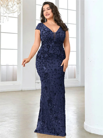 XUIBOL Plus Size  Elegant Sequin Evening Dress Long 2024 Women Mermaid Formal Deep V-neck Prom Luxury Wedding Party Dresses