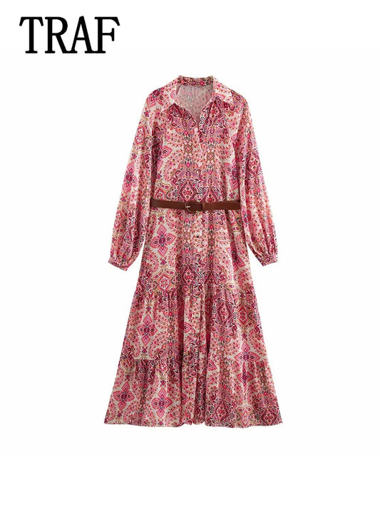 Womens Dresses Flower Print Elegant Long Dress Spring 2025 New Midi Dress Women Long Sleeve Evening Party Dresses