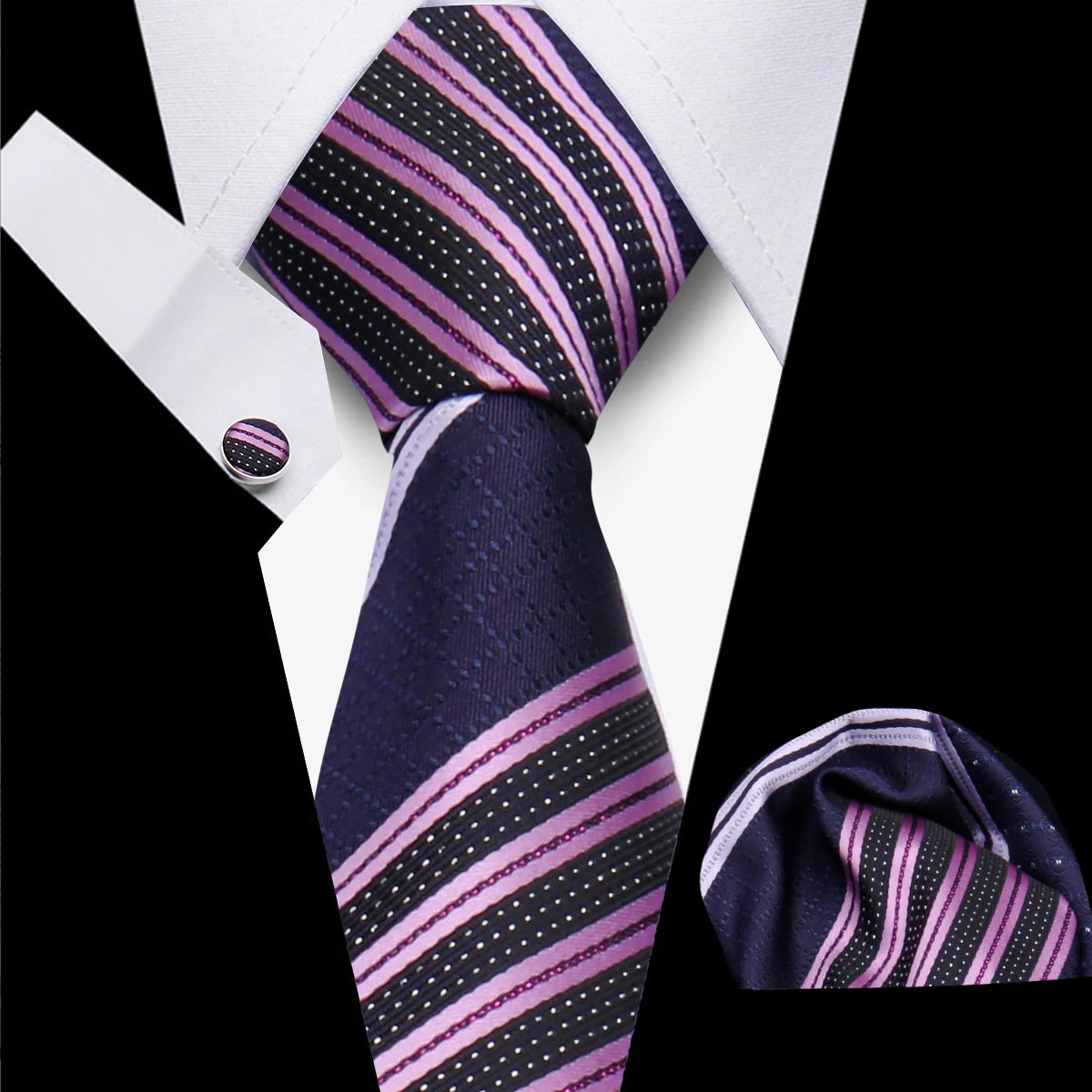 Classic Elegant Ties For Men Fashion Gifts Striped Solid Necktie Handchief Cufflink 3 Pcs Set Wedding Business Suit Accessories