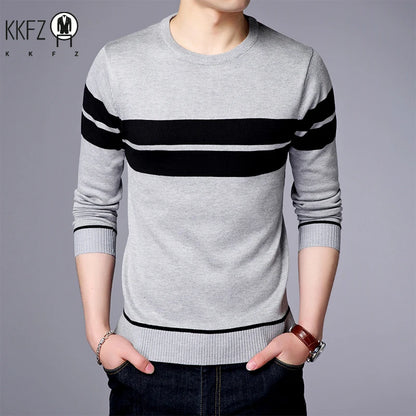 New Men's Casual Long Sleeved Striped Round Neck Knitted Sweater Comfortable Fashionable Breathable and Versatile Top