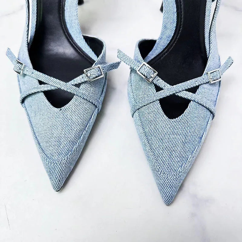 Oulylan Sexy Women High Heels Pumps Shoes Pointed Toe Party Slingbacks Denim Wedding Office Pumps Sandals Blue Ladies