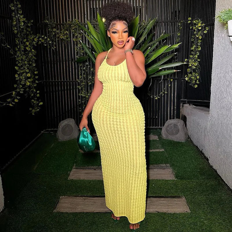 ANJAMANOR Halter Backless Maxi Summer Dresses for Women 2023 Sexy Beach Vacation Outfits Yellow Frilled Slit Long Dress D96-BH26
