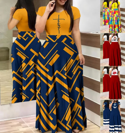 2024 Spring Women's Dress Fashion Round Neck Short Sleeve Printed A-Line Casual Dress Commuter Elegant Long Dress Vestidos