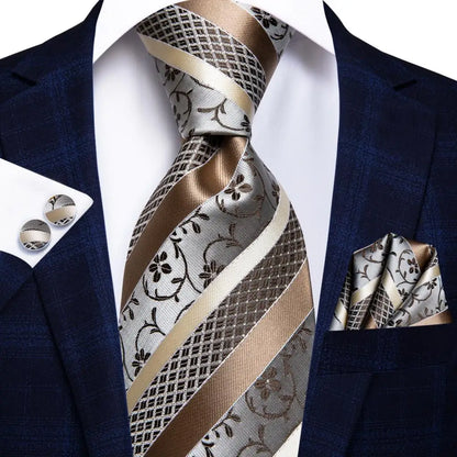 Hi-Tie Paisley Brown Tie For Men Elegant Mens Necktie Pocket Square Cufflink Groom Wedding Accessory Wholesale New Designer