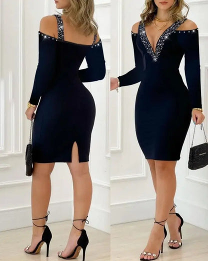 Rhinestone Decor Long Sleeve Party Mini Skinny Dress Sexy Elegant Midi Women's Luxury Evening Dress 2022