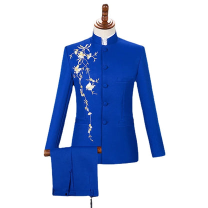 New Men Stand Collar Embroidery Suit 2 Piece Black / White / Red Fashion Male Stage Party Perform Blazer and Trousers