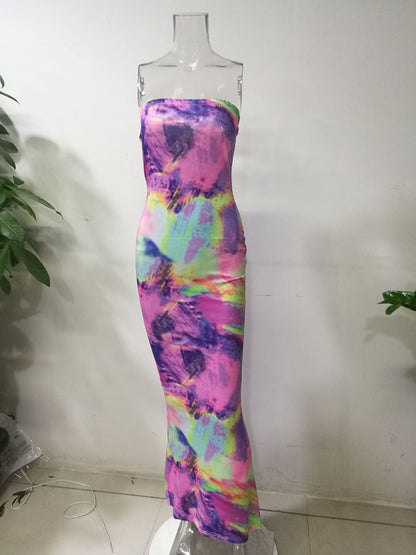 Sexy Boho Style Colorful Striped Tie-dyed Long Maxi Dress Women Strapless Sleeveless Bodycon Dress Elegant Club Party Vestidos