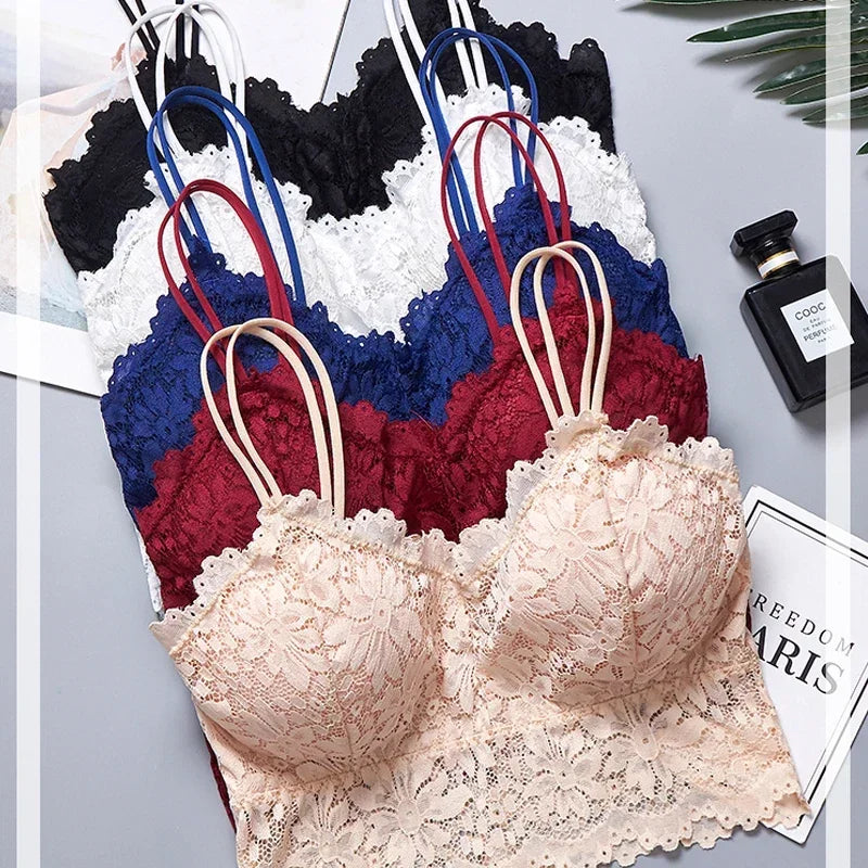 Women Wireless Lace Flower Bra Push Up Bralette Sexy Lingerie Full Cup Backless Vest Brassiere Soft Top Plus Size Underwear