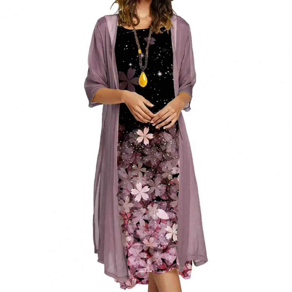 Female 1 Set Stylish Vintage Round Neck Dress Two-Piece Ladies Dress Set Floral Print   for Party