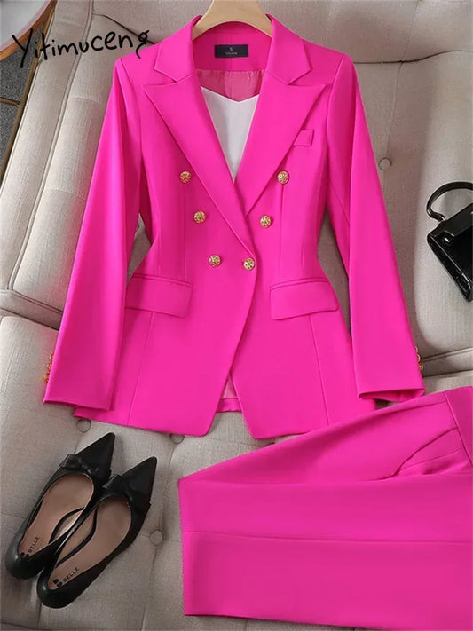 Yitimuceng Elegant Office Ladies Two Piece Sets Womens Outifits 2023 Double Breasted Long Sleeve Blazers Loose Casual Pant Suits