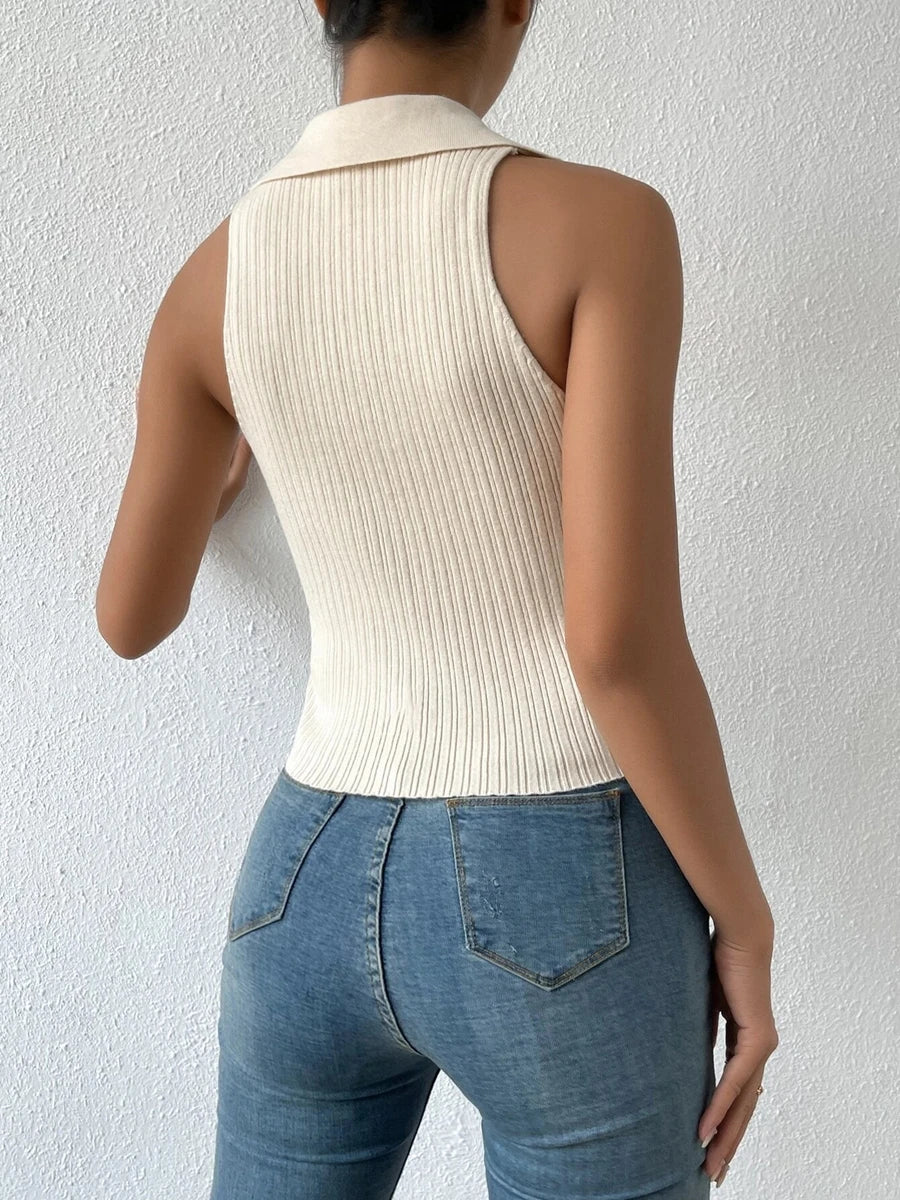 On Sale Women V Neck Solid Turndown Collared Ribbed Knit Tops Sleeveless Y2K Crop Top Clothes Femme Summer Sweater Casual Tank