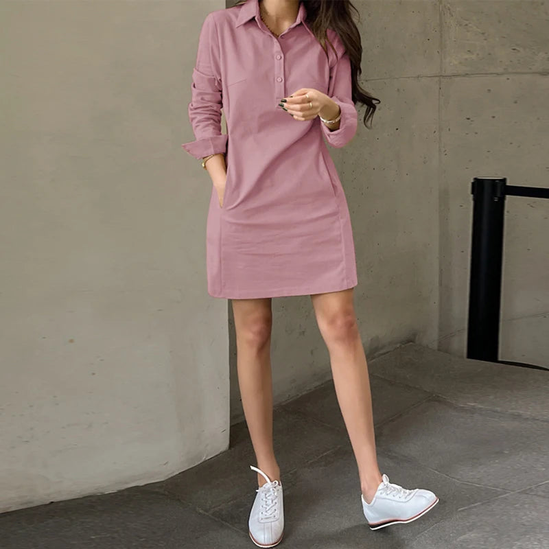 2024 VONDA Summer Women Shirt Dress Elegant Long Sleeve Solid Color Mini Sundress Casual Loose Buttons Pockets Short Vestidos