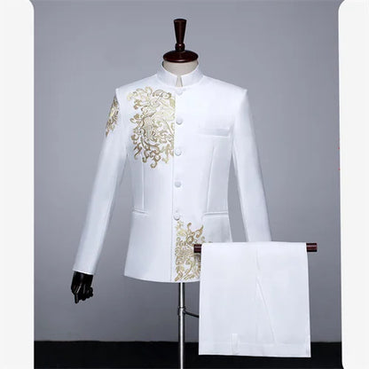 New Men Standing Collar Embroidered Suit 2 Piece Fashion Male Business Social Wedding Prom Stage Performance Dress Blazer Pant