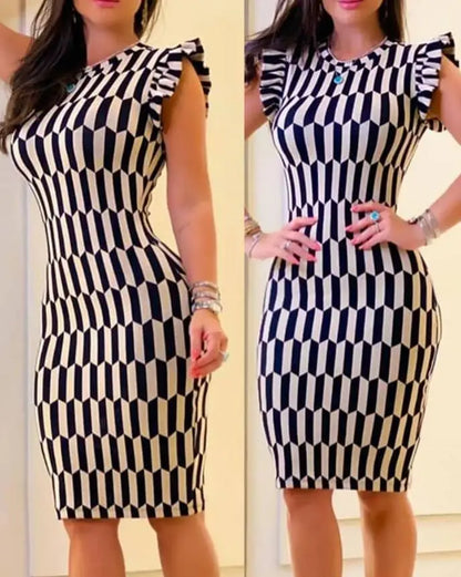 Elegant Women's Dresses Summer Fashion All Over Print Flutter Sleeve Casual O-Neck Skinny Midi Work Pencil Dress