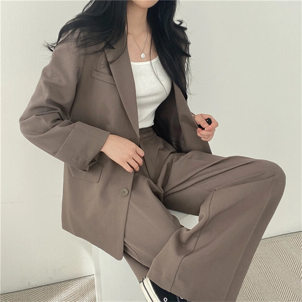 2026 Spring New Women's Clothing Suit Jacket Casual Pants Set Wide Leg Suit Pants Elegant Office Lady Business Suit Set Blazers