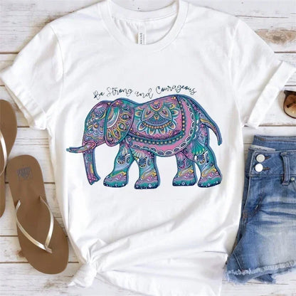 Spring Woman  T-Shirts Funny Elephant Boho Printed Short Sleeve Tees Fashion Female Clothes Comfortable Soft Street Tops