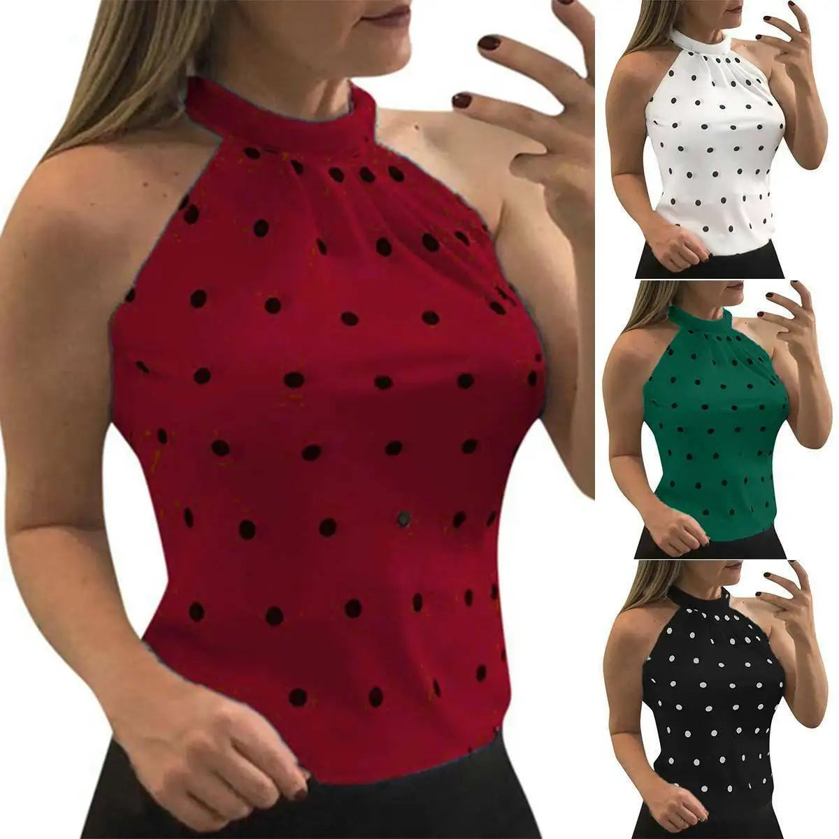 Summer T Shirt Women 2023 New Wave Point Printed Spot Female Neck Halter Sleeveless Female Tee Tshirts Dropshipping AYJ046