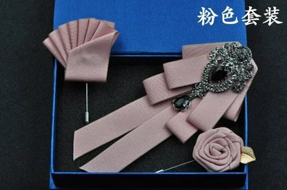 Fashion Handmade Bow Tie Wedding Collar Luxury Rhinestone Bowtie Necktie Brooch Pocket Towel Square Set Gift for Men Accessories