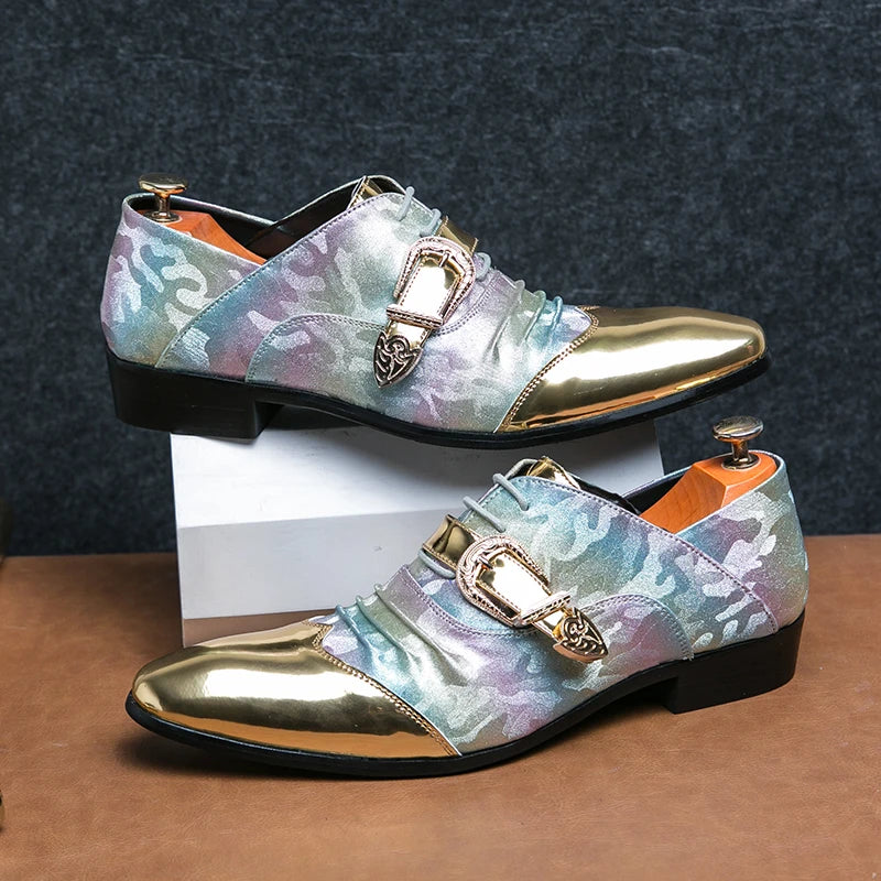 New Men's Pointed Gold Fold Patchwork Loafter Patent Leather Casual Shoes Male Formal Wedding Dress Homecoming Zapatos Hombre