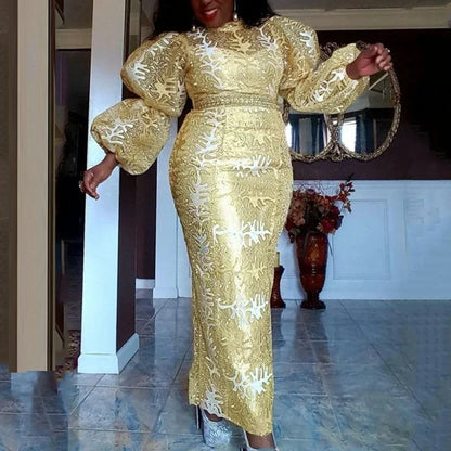 Gold Embroidery Sequin Dresses for Women Stand Collar Cute Puff Long Sleeve Luxury Midi Dress Modest Chic 2025 Party Event Gowns