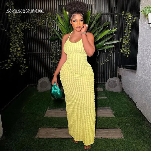 ANJAMANOR Halter Backless Maxi Summer Dresses for Women 2023 Sexy Beach Vacation Outfits Yellow Frilled Slit Long Dress D96-BH26