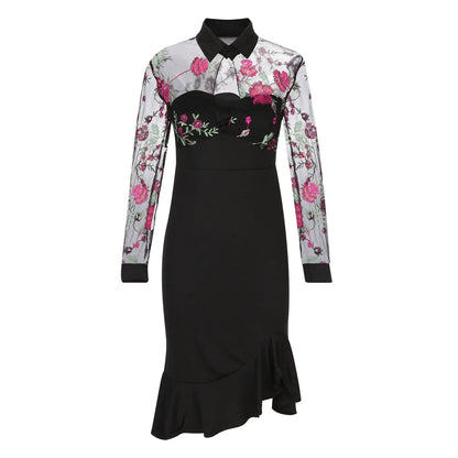 Spring Summer Sexy Mesh Ruffle Dress 2024 Wome Long Sleeve Irregularity Midi Dress Fashion Print Elegant Party Dresses