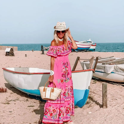 2024 Spring Summer Women's New Sexy One Shoulder Off Shoulder Fashion Red Flower Printed Lace Up Waist Long Swing Dress