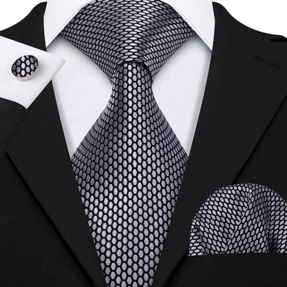 Barry.Wang Black White Gray Silver Silk Men Tie Handkerchief Cufflinks Set Jacquard Necktie for Male Wedding Business Party Gift