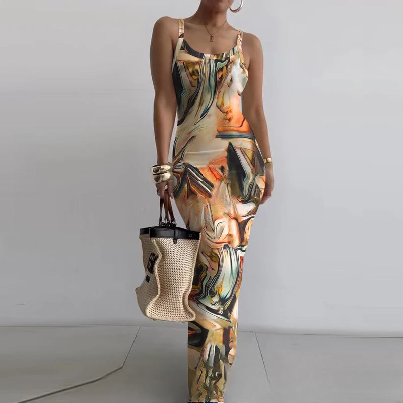 CM.YAYA Summer Women Sleeveless Strap O-neck Sexy 2024 Summer Long Evening Dress Knit Ribbon Night Club Party Maxi Dresses