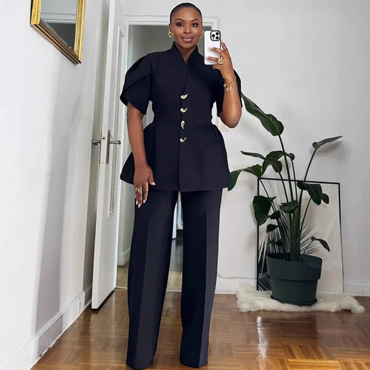 Vintage Elegant Two Piece Set Women Matching Sets Office Lady Single-breasted Puff Sleeve Blazer Coat and Wide Leg Pant Suits
