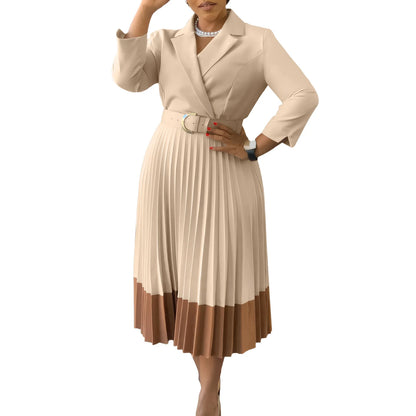 CM.YAYA Fashion Full Sleeve Notched Neck Solid High Waist Belt Dress Women Autumn Office Lady Pleated Long Africa Midi Dresses
