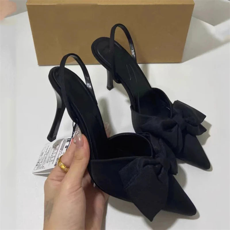 TRAF Black Big Bow Knot High Heel Stilettos New Point Head Slingbacks Pumps For Woman French Sweet Sandals Women Shoes Trend