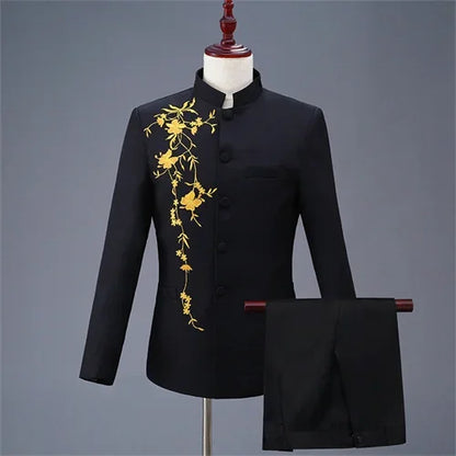 New Men Stand Collar Embroidery Suit 2 Piece Black / White / Red Fashion Male Stage Party Perform Blazer and Trousers