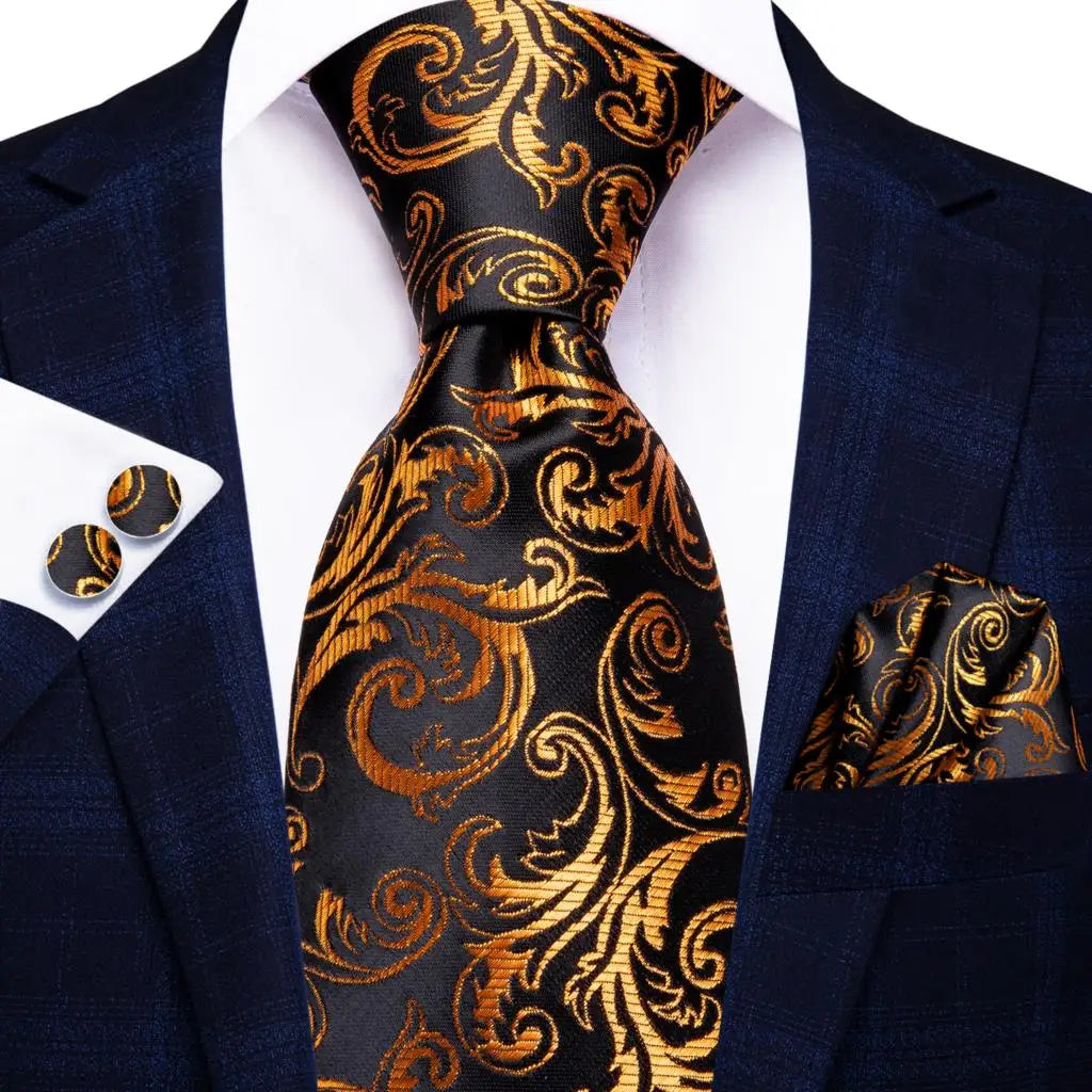 Hi-Tie Psialey Black Gold Silk Elegant Tie For Men Groom Wedding Men Necktie Pocket Square Cufflink Accessory Wholesale Designer