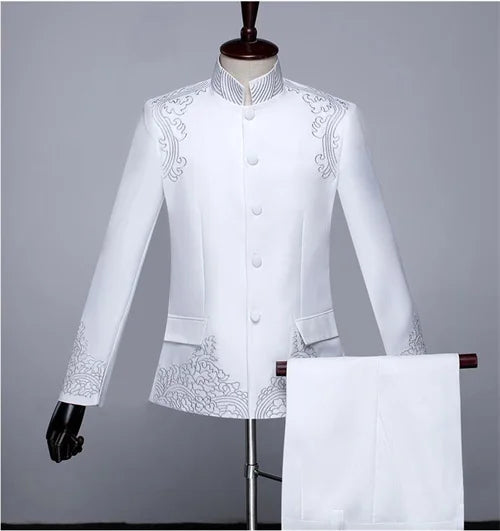 New Men Standing Collar Embroidered Suit 2 Piece Fashion Male Business Social Wedding Prom Stage Performance Dress Blazer Pant
