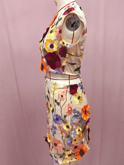 Spring Dress Women's Skirt High-quality Embroidery Hook Pattern Sleeveless Crop Top Wrap Hip Skirt Set of Two Pieces