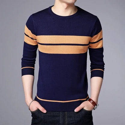 New Men's Casual Long Sleeved Striped Round Neck Knitted Sweater Comfortable Fashionable Breathable and Versatile Top