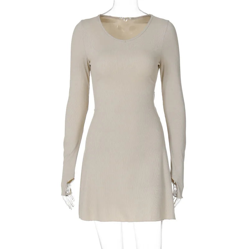 Spring Elegant Pretty Women Dresses New Black Sexy Short Dress Female V Neck Long Sleeve Slim Solid Color Mini Dress