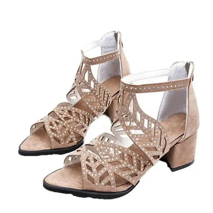 2022 New Style Women Summer Hollow Out Faux Leather Rhinestones Thick Heel Zipper Sandals Shoes Eur 35-41