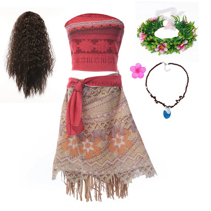 Moana Cosplay Costume Vaiana Adventure Summer Girls Beach Dresses Kids Chirismas Party Clothes With Wig Necklace