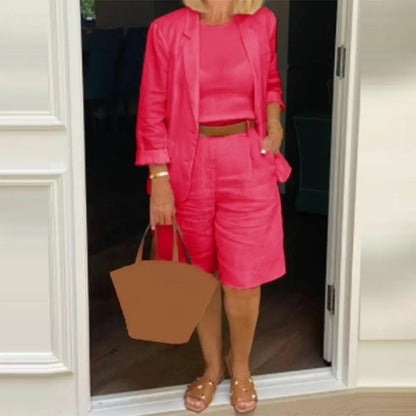 Cotton Linen Temperament Blazer Shorts Women's Blazer Suit 2 Piece Set Elastic Waist Thin Female Blazer Shorts Summer Outfit
