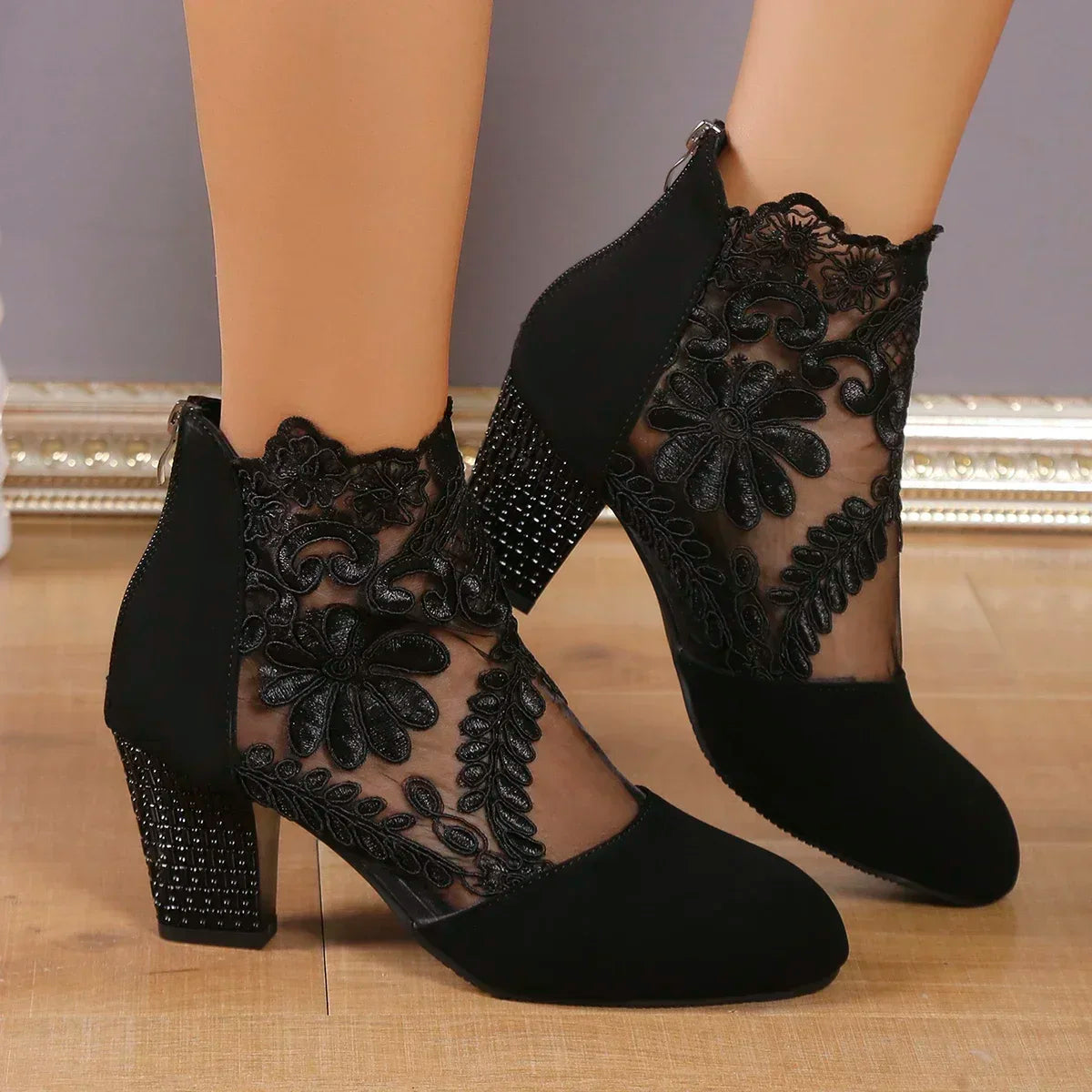 New Fashion Shoes Women 2024 Zipper Women's Boots Autumn Pointed Toe Solid Net Cloth Breathable Mid Heel Large Size Naked Boots