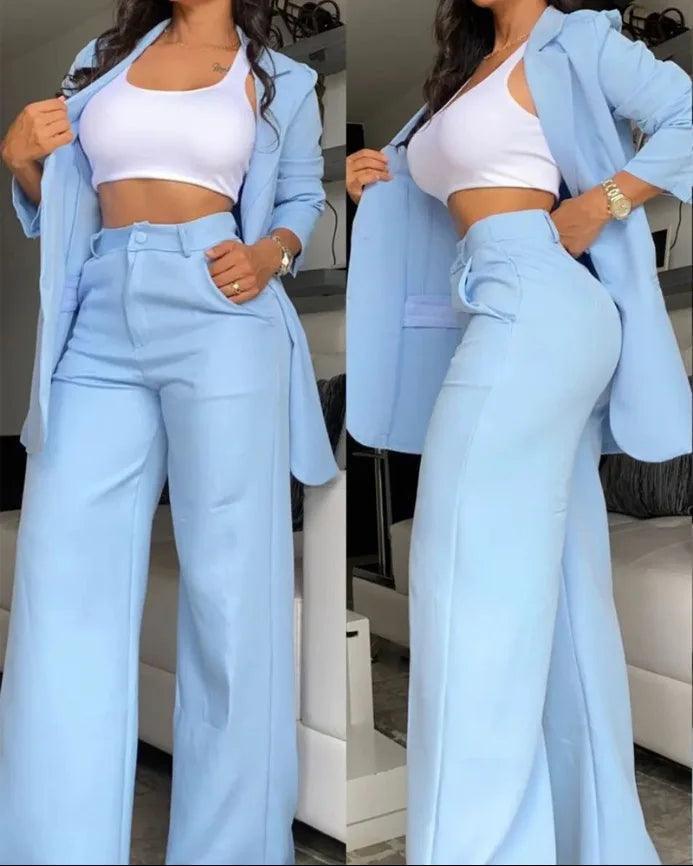 2024 European and American Women's Clothing Temperament Elegant Solid Color Split Sleeve Lapel Suit Pocket Straight Pants Suit