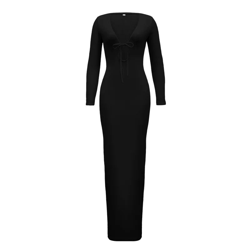 Tossy V-Neck High Waist Slim Maxi Dress Female Solid Bandage Elegant Fashion Long Sleeve Sexy Party Dress Summer Long Dress 2024