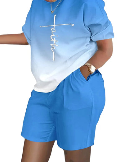 Casual Loose Short Sleeve Tshirt Shorts Set Office Lady Summer Fashion O-neck Colorful Print Two Piece Set Women Outfit 2023