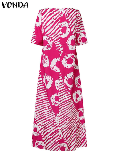 Plus Size Women Bohemian Maxi Dress 2025 Summer Printed Long Sundress VONDA Beach Party Vestidos Half Sleeve Casual Loose Robe