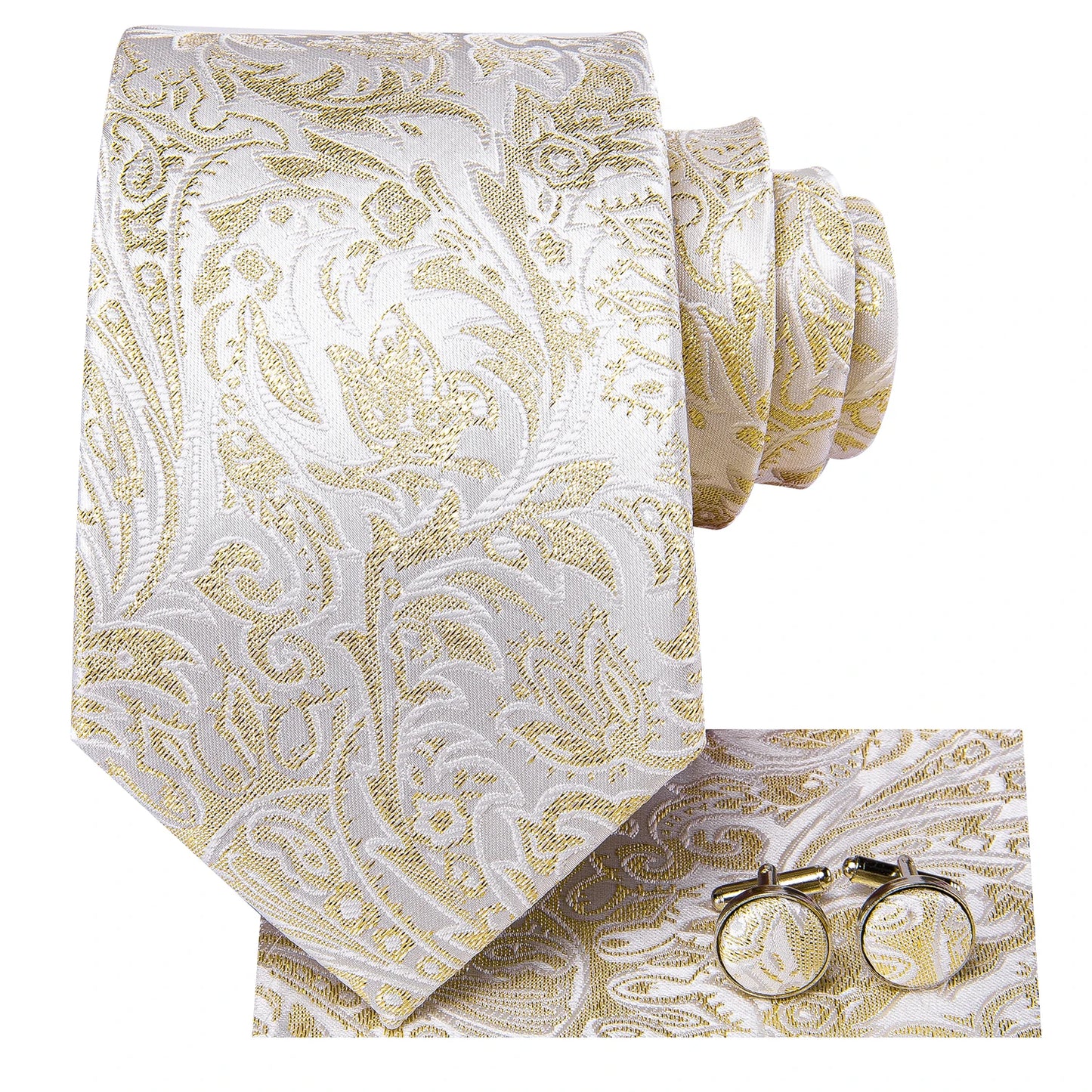 Hi-Tie Champagne Gold-color Silk Mens Elegant Ties Fashion Mens Necktie Pocket Square Cufflinks Set Business Party Wedding