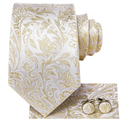 Hi-Tie Champagne Gold-color Silk Mens Elegant Ties Fashion Mens Necktie Pocket Square Cufflinks Set Business Party Wedding
