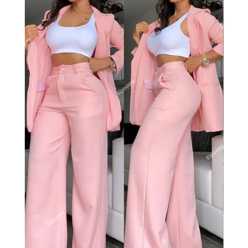 2024 European and American Women's Clothing Temperament Elegant Solid Color Split Sleeve Lapel Suit Pocket Straight Pants Suit