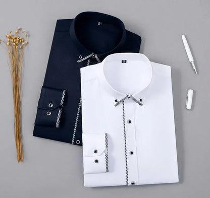 Spring and Autumn Men Dress Shirt Long Sleeve Trim Business Casual Solid Color Shirt Slim Fit White Base Layer Shirt for Male
